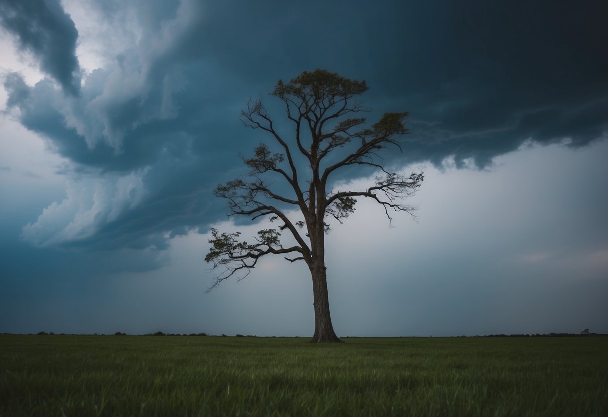 Ein einsamer Baum steht hoch inmitten eines Sturms, seine Äste biegen sich, brechen aber nicht. Die dunklen Wolken hängen über ihm, aber der Baum bleibt widerstandsfähig und symbolisiert die Bestätigung, sich von Rückschlägen nicht entmutigen zu lassen.