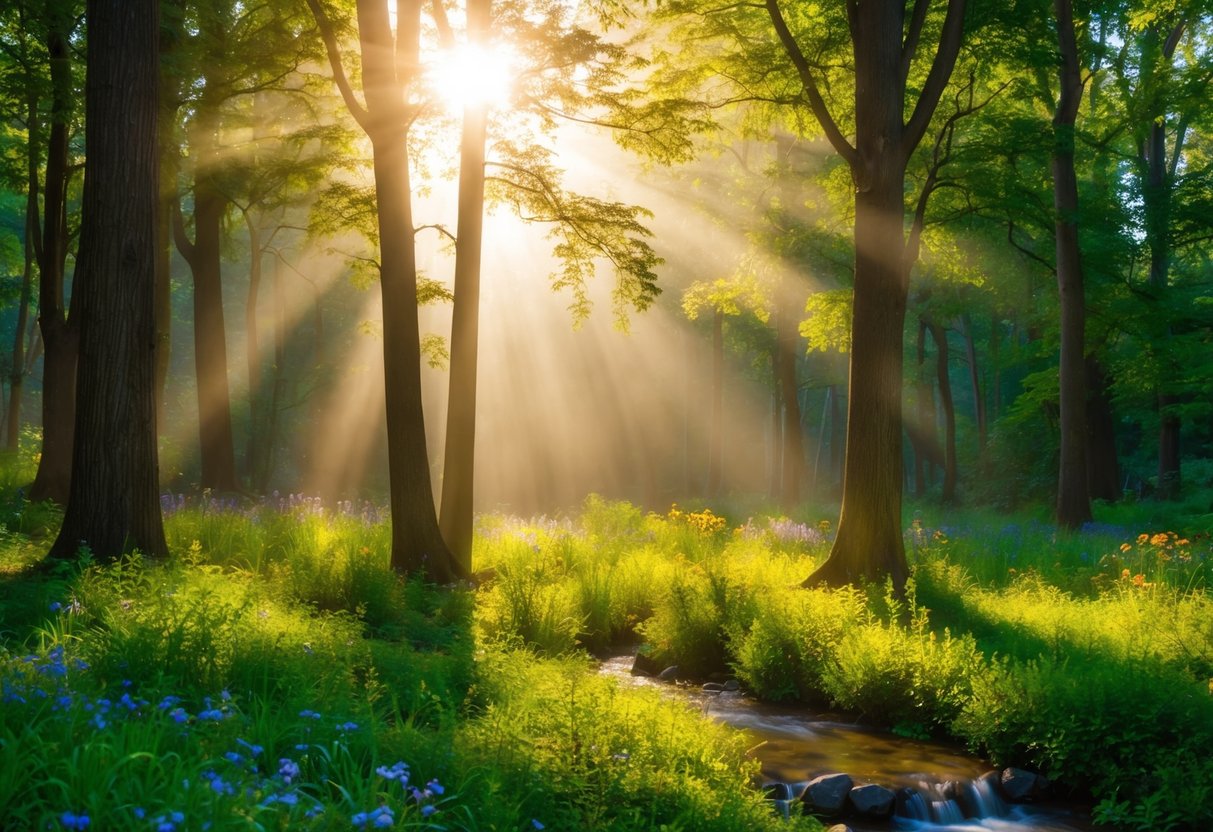 Ein ruhiger Wald, in dem das Sonnenlicht durch die Bäume filtert und einen warmen Schein auf eine friedliche Lichtung wirft. Vogelgesang erfüllt die Luft, und ein kleiner Bach plätschert in der Nähe, umgeben von lebhaften Wildblumen.