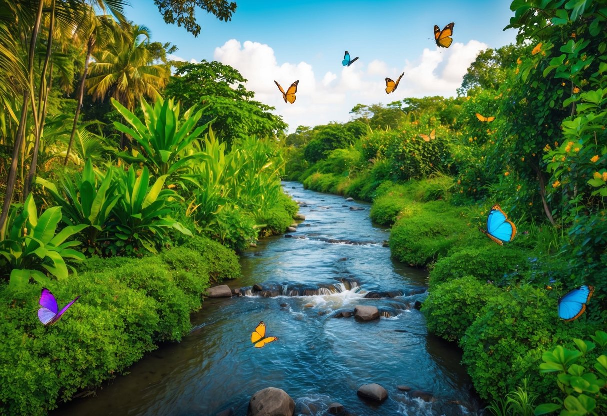 Ein fließender Fluss, umgeben von üppiger, lebendiger Vegetation, mit bunten Vögeln und Schmetterlingen, die umherflattern.