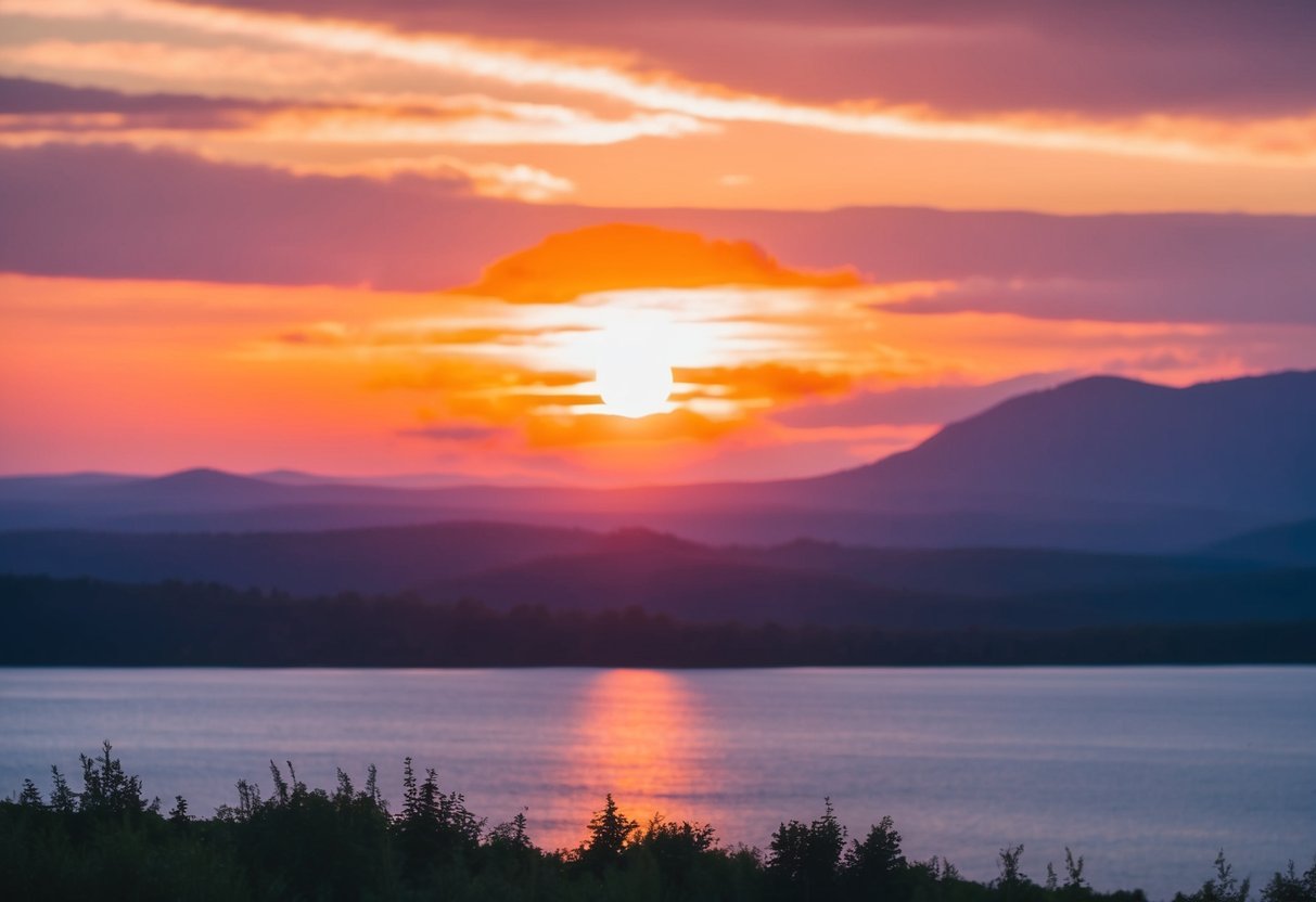 Eine friedliche Landschaft mit einem lebhaften Sonnenaufgang oder Sonnenuntergang, der persönliches Wachstum und Positivität symbolisiert.