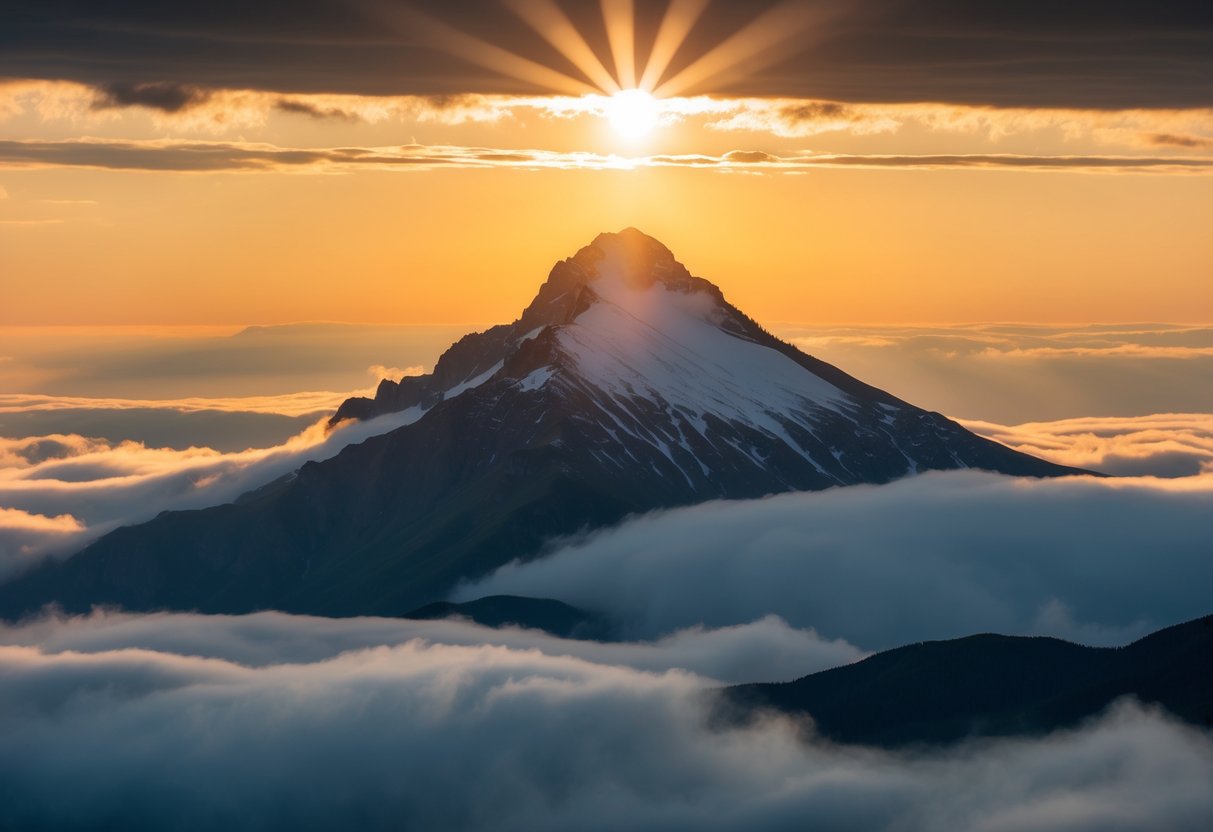 Ein Berggipfel, der über den Wolken emporragt, mit einer kraftvollen Sonne, die herabstrahlt und ein warmes, goldenes Licht über die Landschaft wirft.