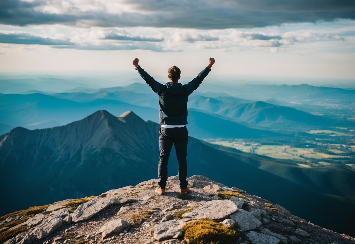 Eine Person steht auf einem Berggipfel, die Arme triumphierend erhoben, und blickt auf eine schöne und weitläufige Landschaft.