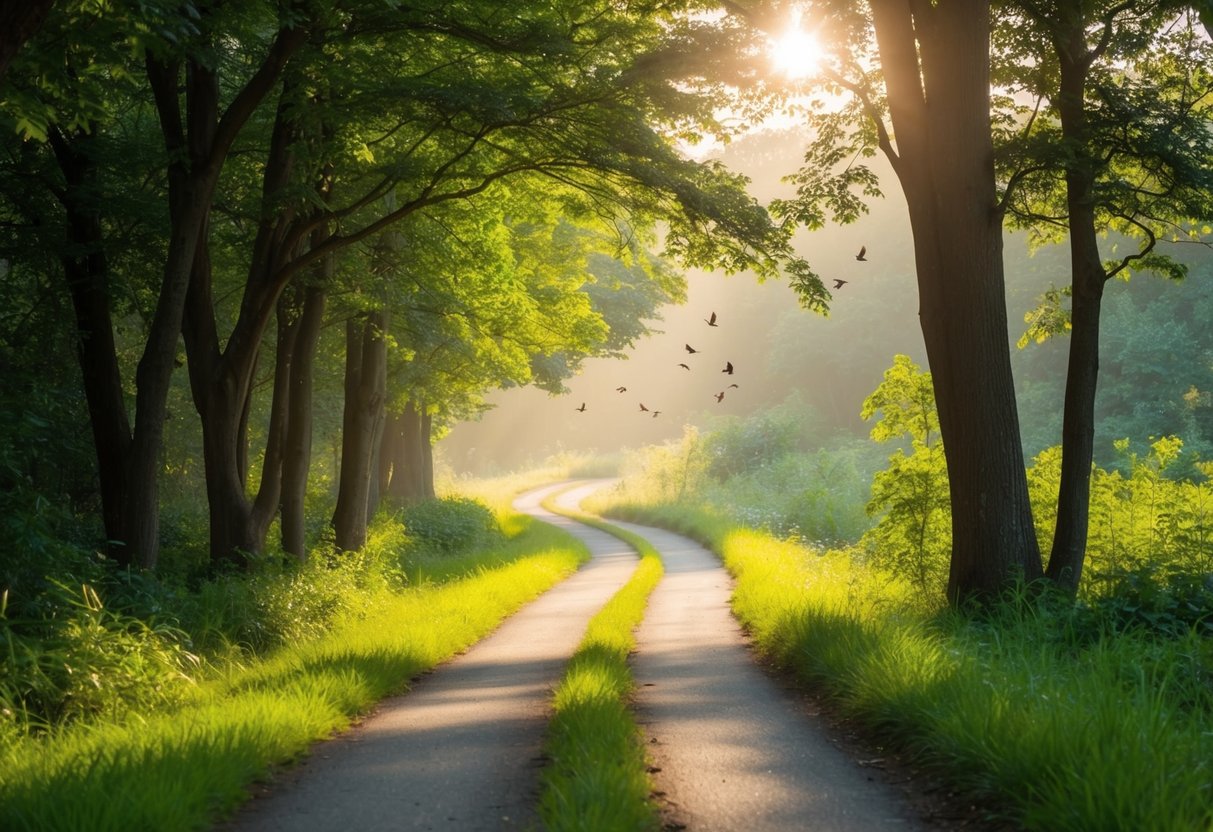 Ein ruhiger, gewundener Weg durch einen üppigen Wald, mit Sonnenlicht, das durch die Bäume filtert, und Vögeln, die in der Ferne singen.