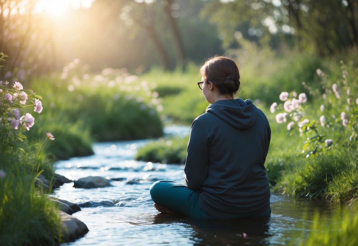 Eine Person sitzt in einer friedlichen, natürlichen Umgebung, umgeben von sanften, beruhigenden Elementen wie fließendem Wasser, sanftem Sonnenlicht und blühenden Blumen.