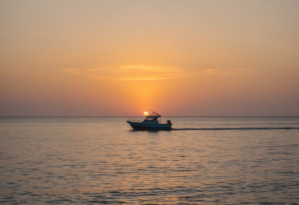 Ein Sonnenaufgang über einem ruhigen Ozean, mit einem einzelnen Boot, das in Richtung Horizont segelt und Bereitschaft für neue Möglichkeiten symbolisiert.