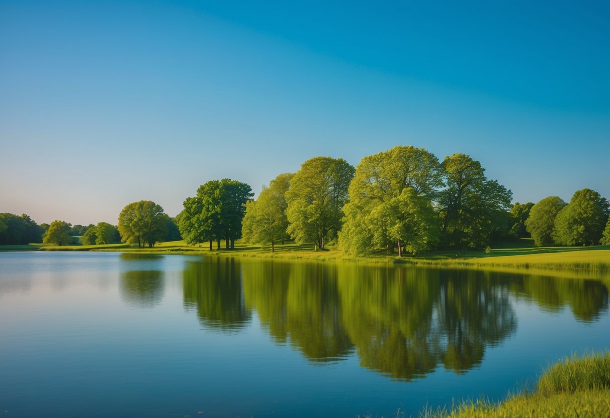 Eine friedliche, ruhige Landschaft mit einem klaren blauen Himmel, üppigen grünen Bäumen und einem ruhigen Gewässer, das die Schönheit der Natur widerspiegelt.