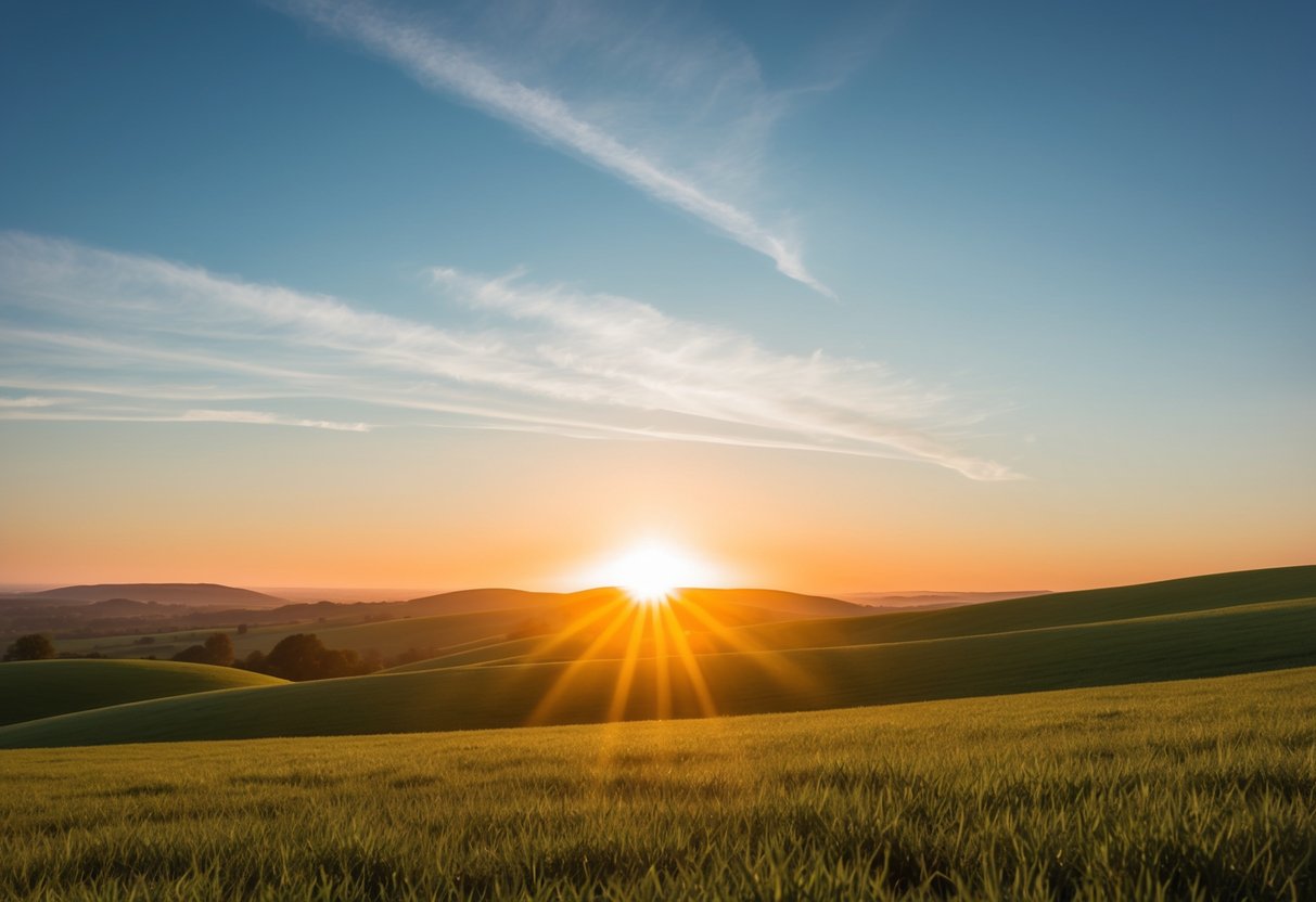 Ein lebendiger Sonnenaufgang über einer ruhigen Landschaft mit sanften Hügeln und einem klaren, offenen Himmel, der ein Gefühl von grenzenlosem Potenzial und persönlichem Wachstum ausstrahlt.