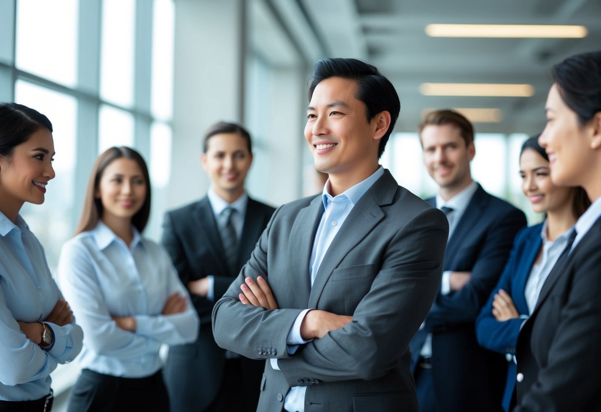 Eine Person, die ein Team in einem professionellen Umfeld selbstbewusst leitet.