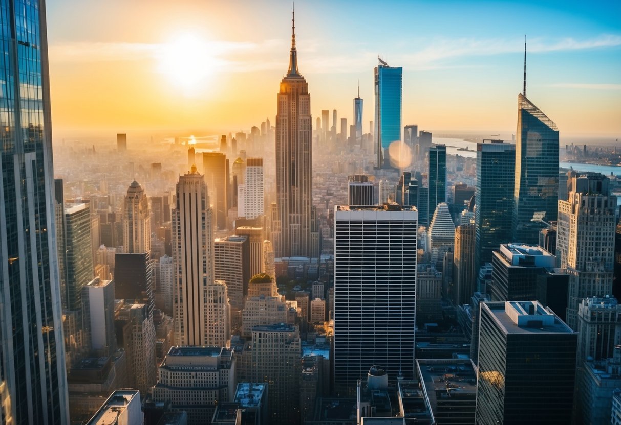 Eine pulsierende Stadtsilhouette mit einer strahlenden Sonne, die herab scheint und einen goldenen Glanz über die Wolkenkratzer und die geschäftigen Straßen darunter wirft.