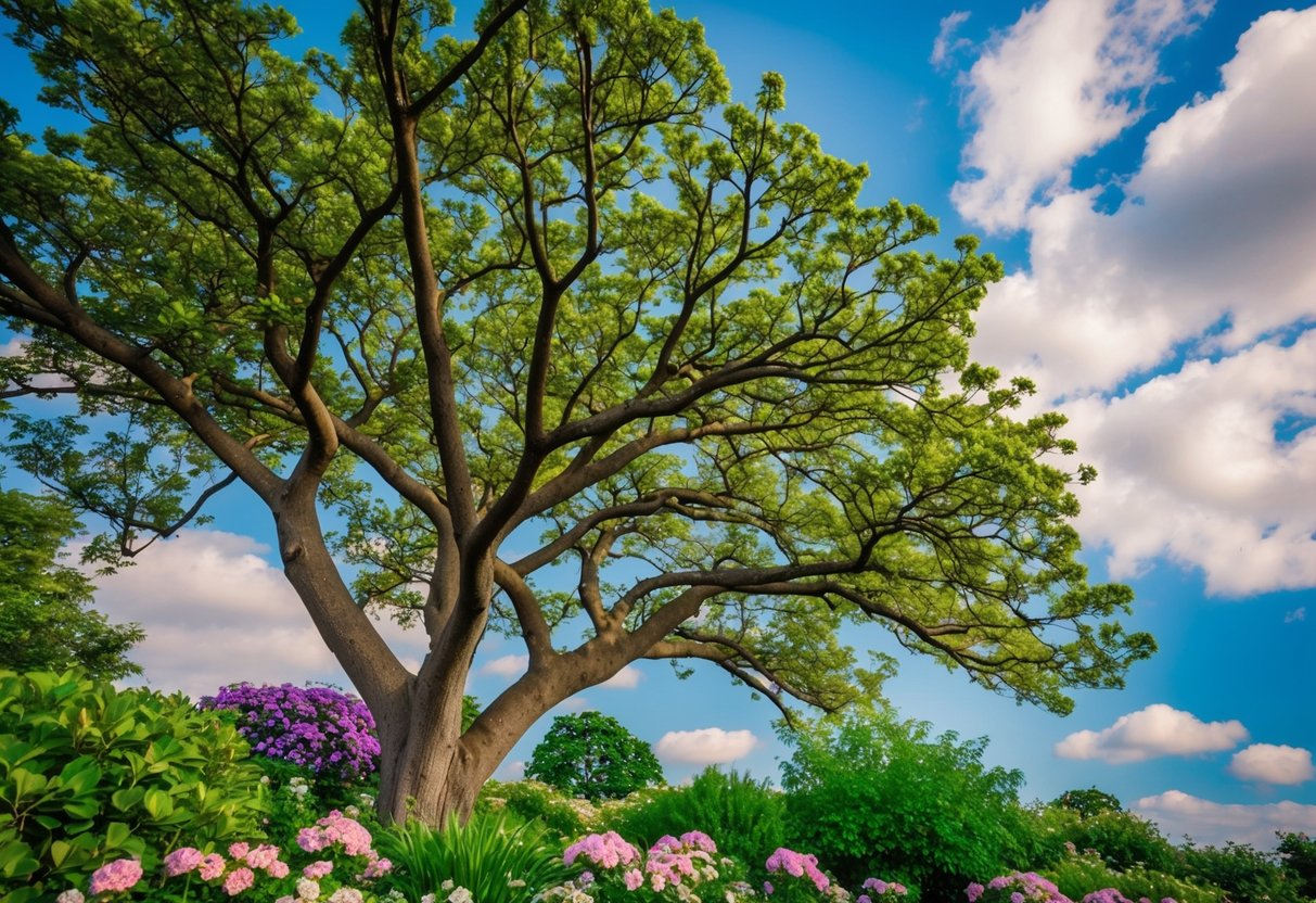 Ein blühender Baum mit Ästen, die zum Himmel reichen, umgeben von blühenden Blumen und lebhaftem Grün