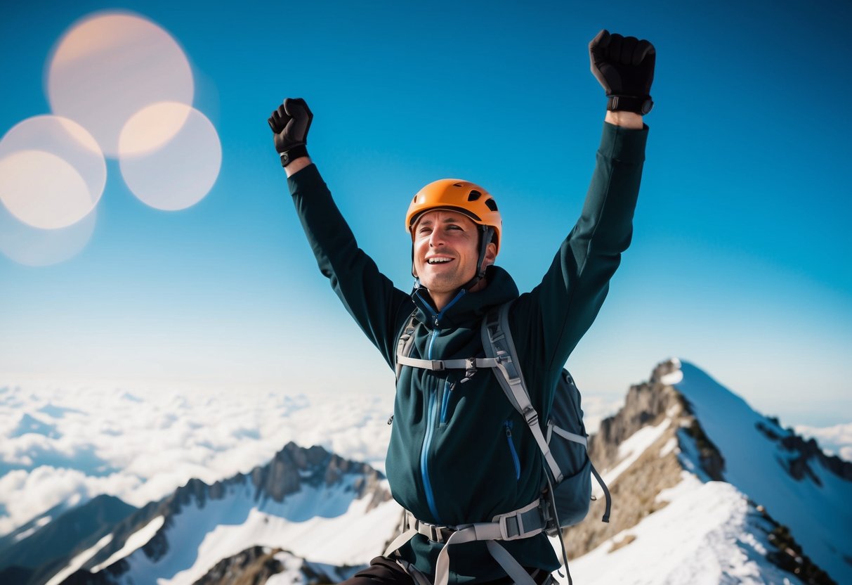 Ein Bergsteiger, der den Gipfel erreicht, mit einem entschlossenen Ausdruck und erhobenen Armen in Siegerpose.