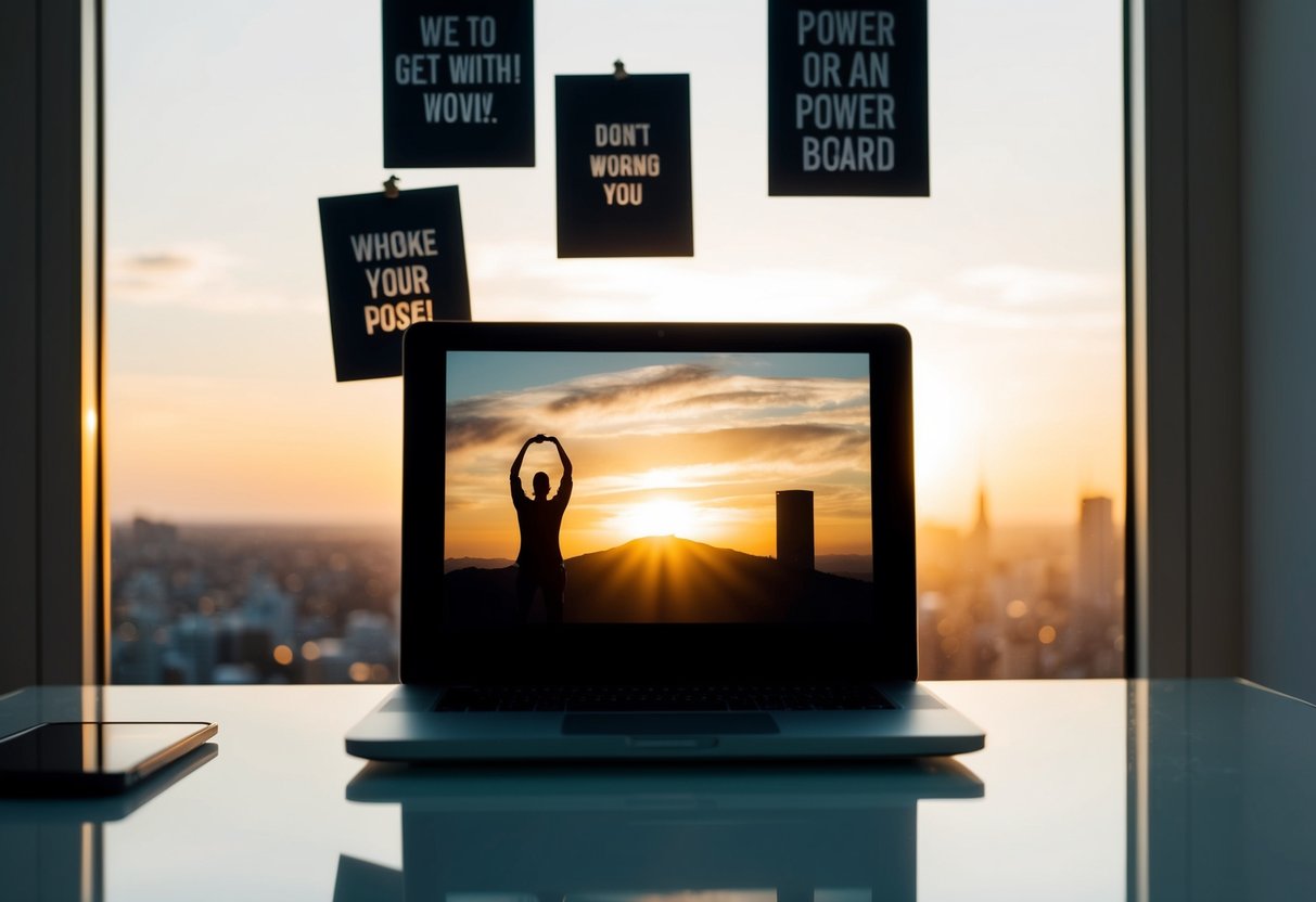 Ein Schreibtisch mit einem Laptop, motivierenden Postern und einem Vision Board. Eine Silhouette einer Person in einer Power-Pose. Sonnenaufgang durch ein Fenster.