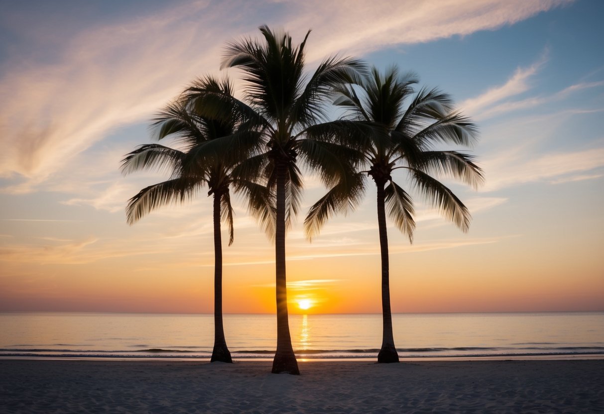 Ein ruhiger Strand bei Sonnenuntergang, mit Palmen und einem ruhigen Ozean, der finanzielle Freiheit und Fülle symbolisiert.