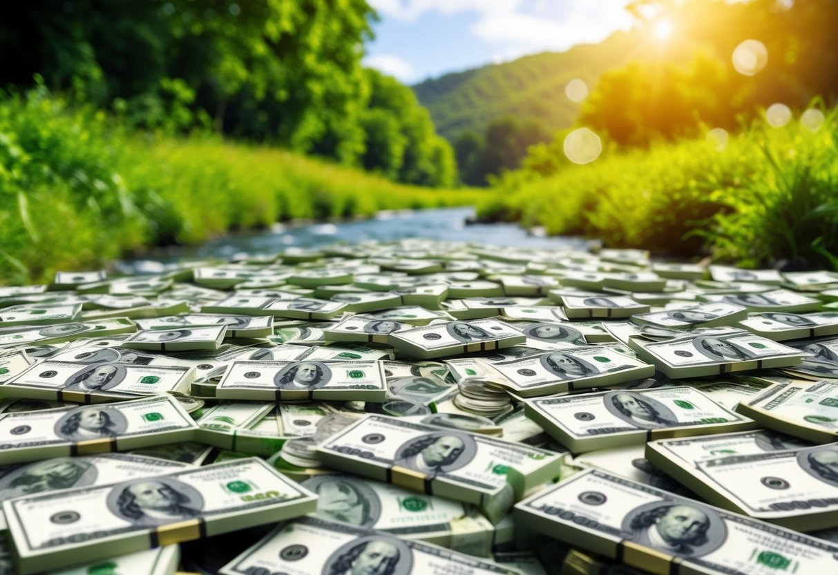 Ein Fluss aus Geld fließt frei und mühelos durch eine üppige Landschaft und symbolisiert finanziellen Überfluss und Wohlstand.