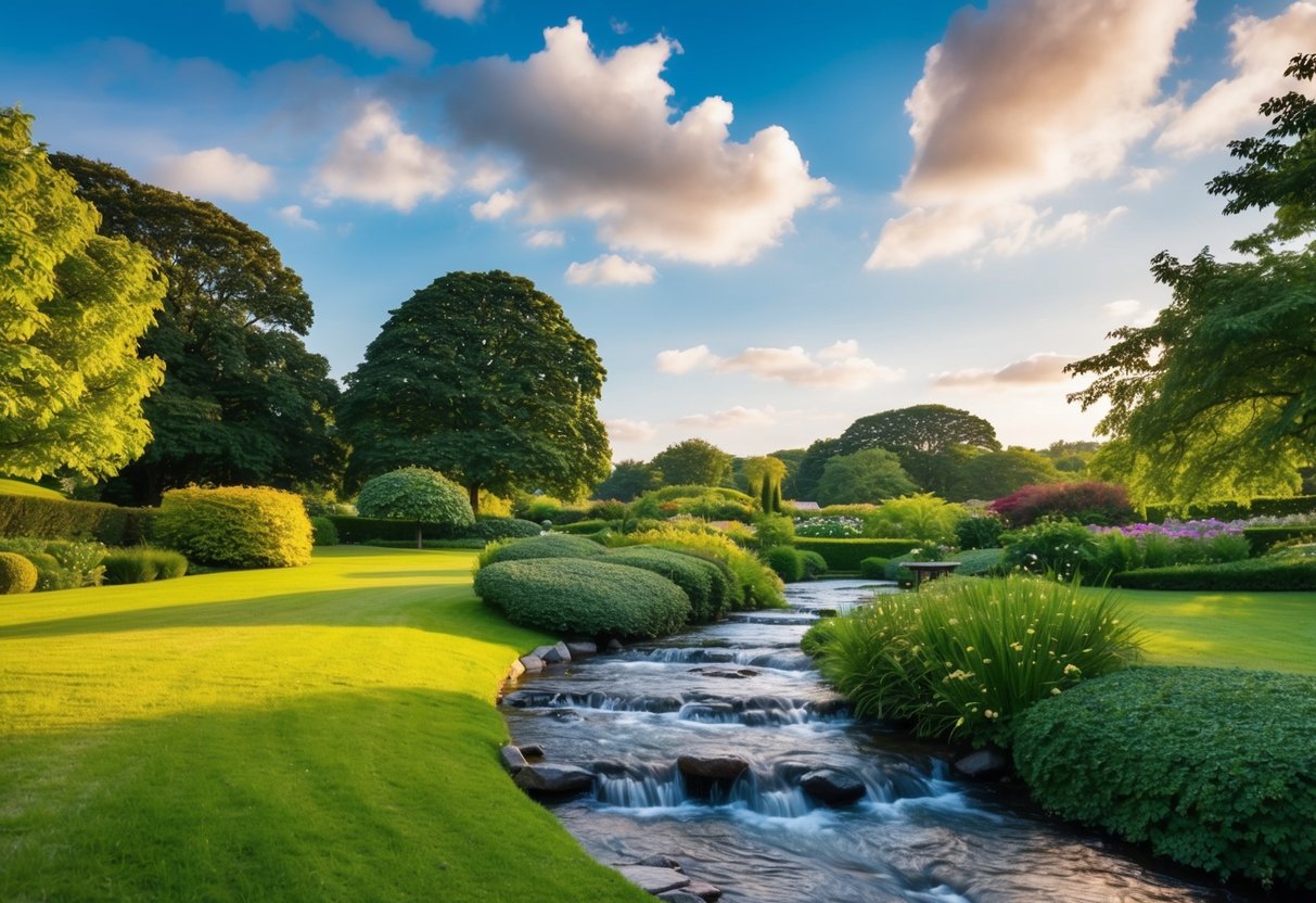 Eine friedliche Landschaft mit einem üppigen Garten und einem fließenden Bach, der Dankbarkeit für finanziellen Überfluss symbolisiert.