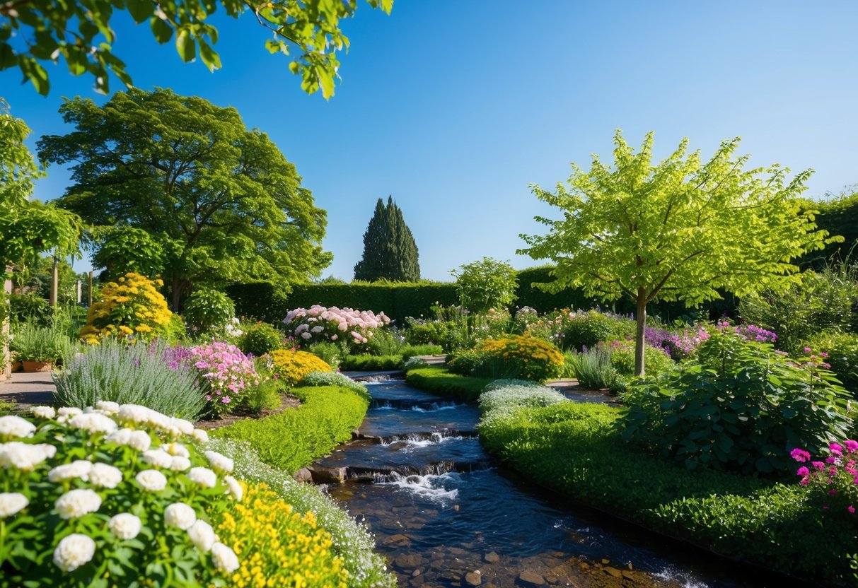 Ein blühender Garten mit blühenden Blumen und wachsenden Bäumen, umgeben von einem fließenden Bach und klarem blauen Himmel.