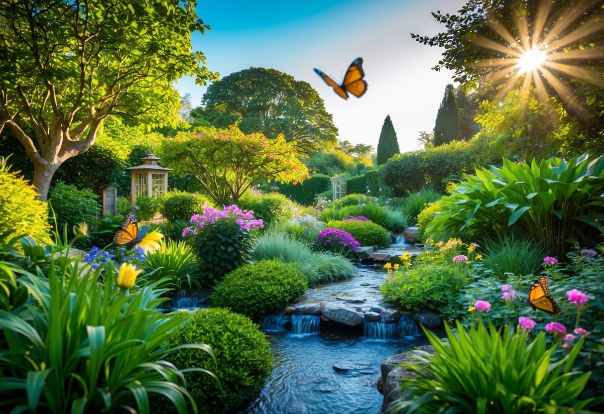 Ein ruhiger, sonnenbeschienener Garten mit üppigem Grün und blühenden Blumen, umgeben von fließenden Bächen und lebhaften Schmetterlingen