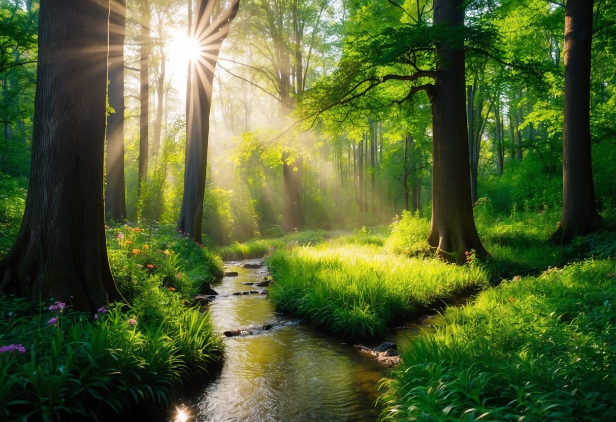 Ein ruhiger Wald, in dem Sonnenlicht durch die Bäume filtert und schattierte Muster auf den Boden wirft. Ein kleiner Bach schlängelt sich durch die Szene, umgeben von üppigem Grün und lebhaften Blumen.