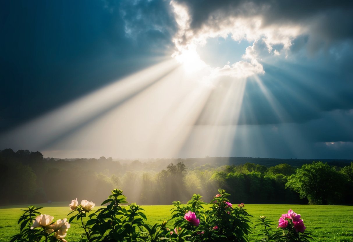 Ein Lichtstrahl bricht durch dunkle Wolken und erleuchtet eine üppig grüne Landschaft mit blühenden, lebhaften Blumen.