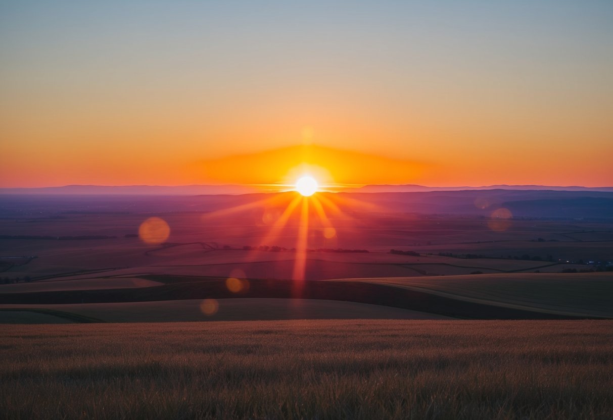 Eine Sonne, die über eine weite, offene Landschaft aufgeht, mit lebendigen Farben und einem Gefühl unbegrenzten Potenzials