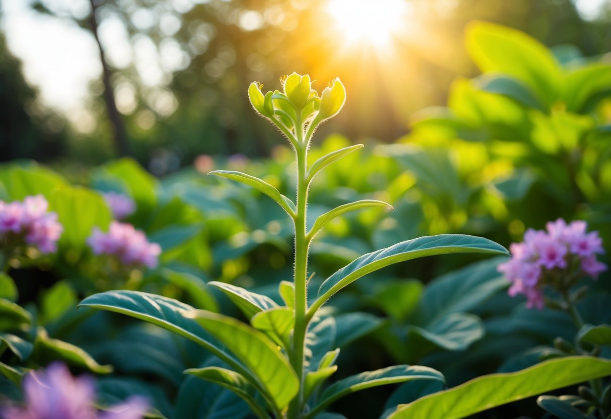 Eine lebendige Setzling, der nach oben zur Sonne strebt, umgeben von üppigem grünem Laub und blühenden Blumen