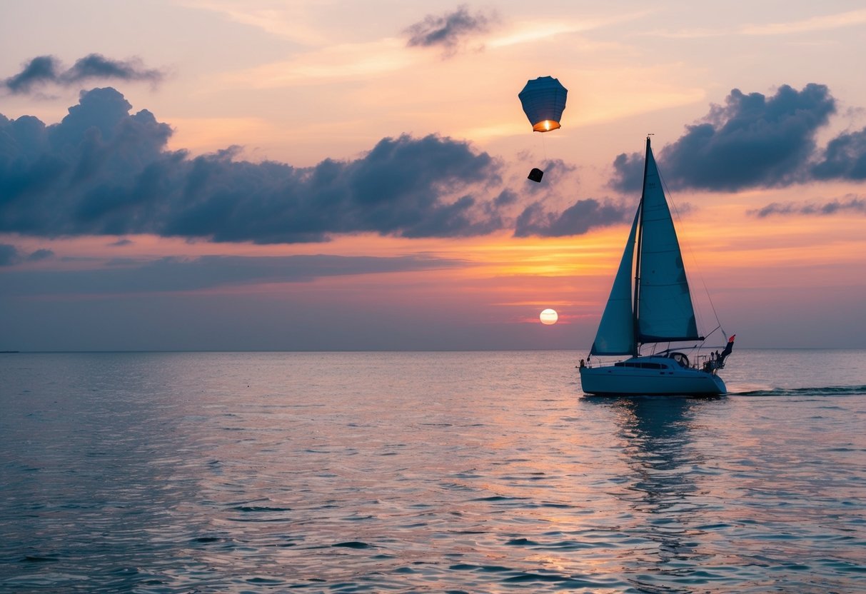 Ein ruhiger Sonnenuntergang über einem stillen Ozean, mit einem Segelboot, das eine Papierlaterne in den Himmel entlässt.