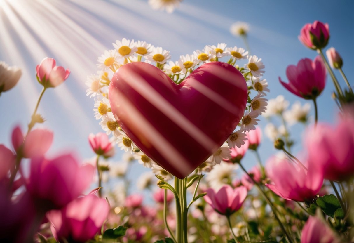 Ein Herz umgeben von blühenden Blumen und Lichtstrahlen