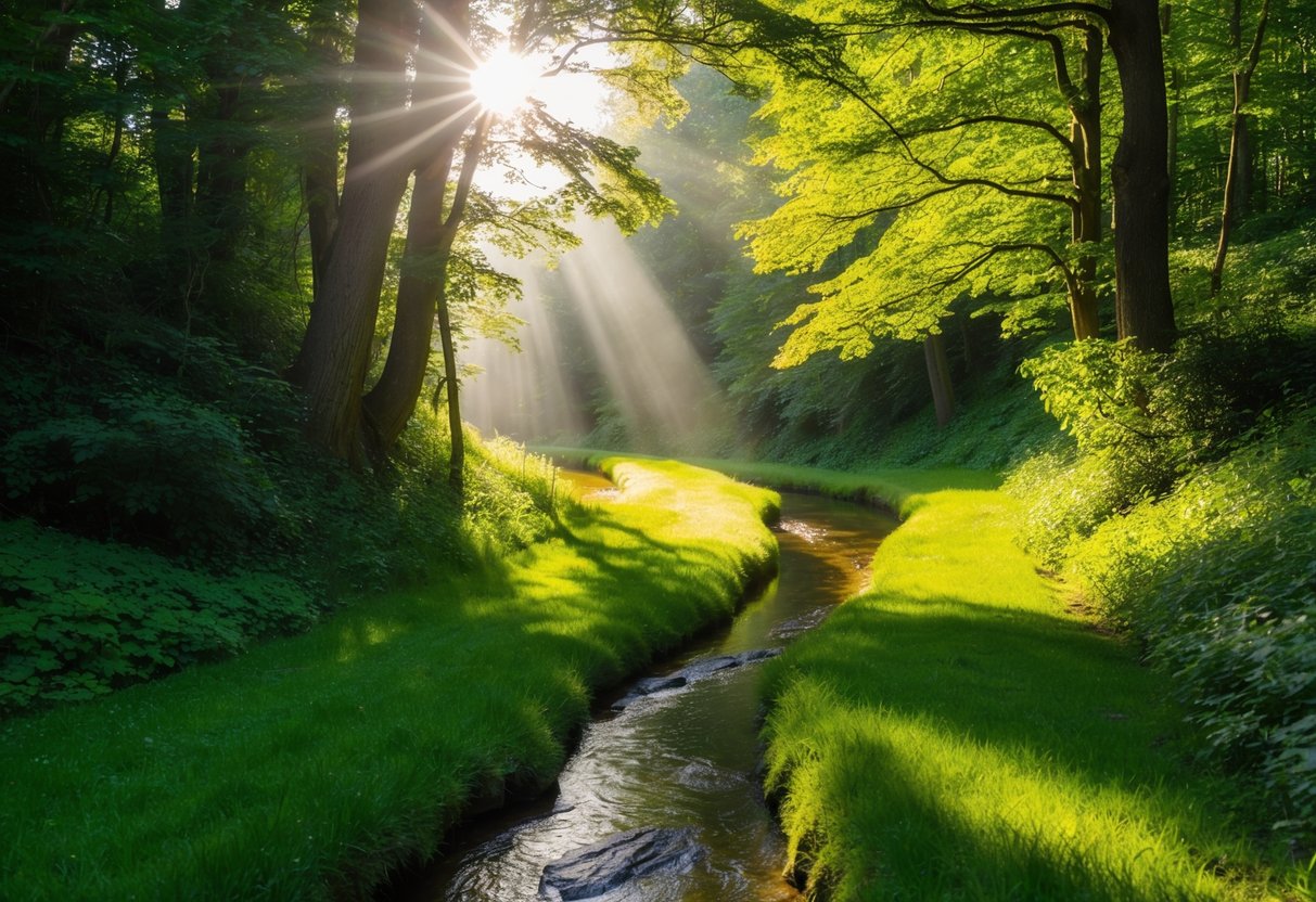 Ein gewundener Pfad durch einen üppigen Wald, mit Sonnenlicht, das durch die Bäume strömt und einen klaren, fließenden Bach erleuchtet.