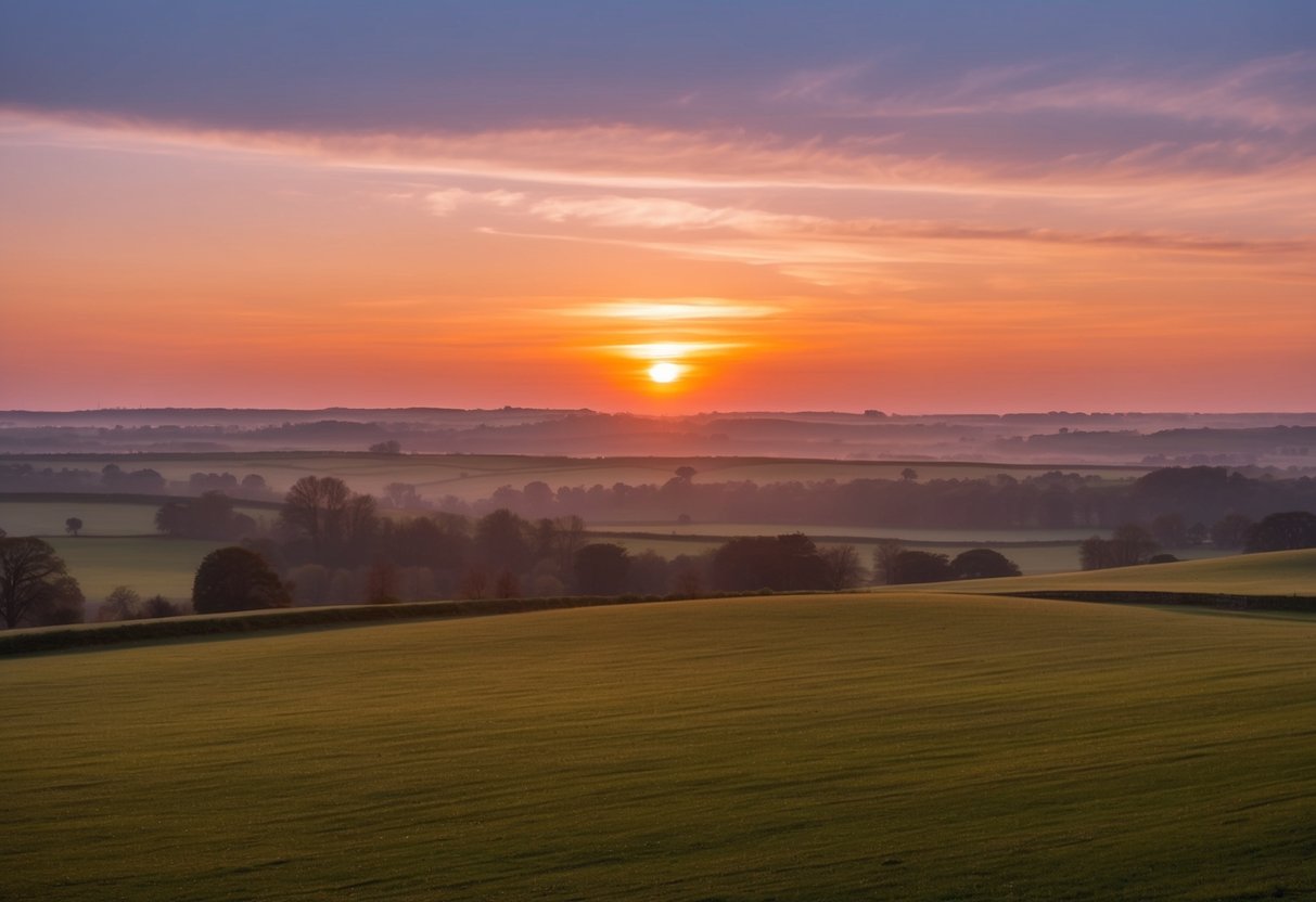 Eine ruhige Landschaft mit einem warmen, leuchtenden Sonnenuntergang über einer friedlichen Landschaft