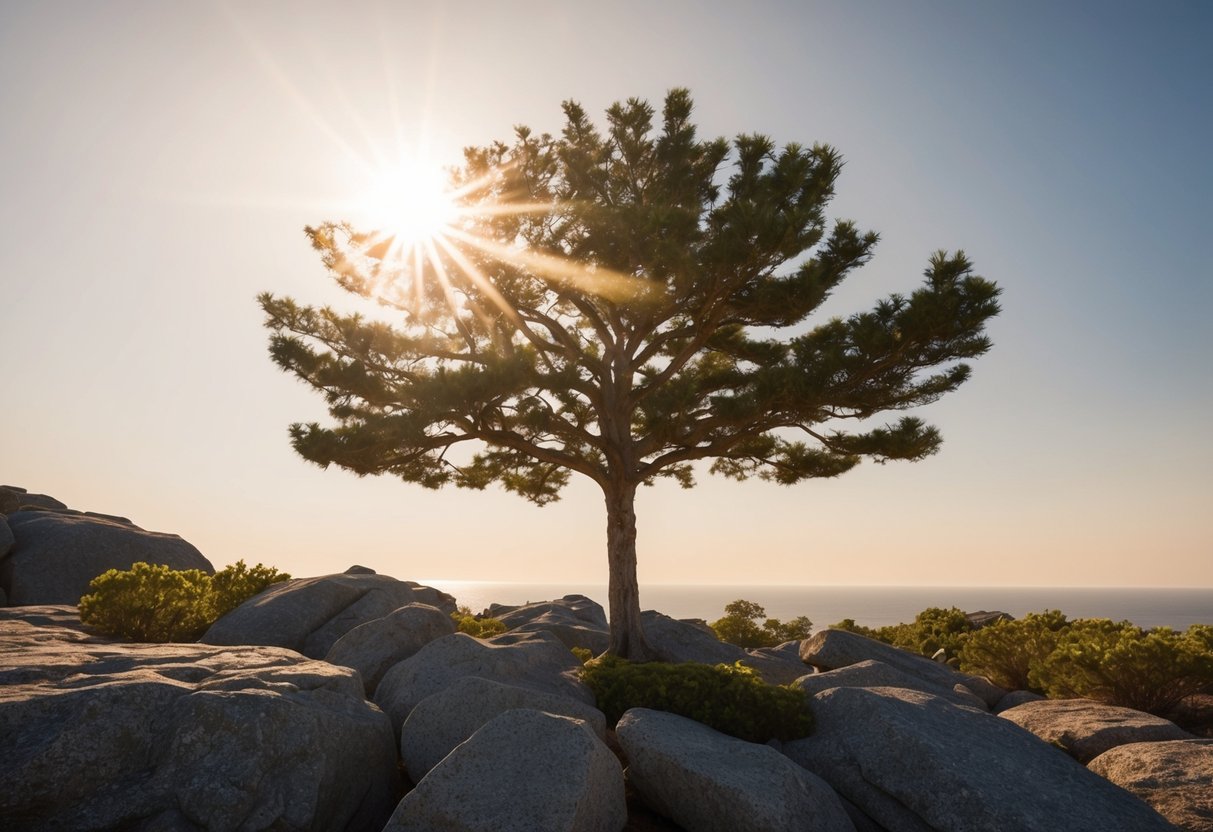 Ein einzelner Baum wächst aus dem felsigen Boden und strebt der hellen Sonne entgegen.