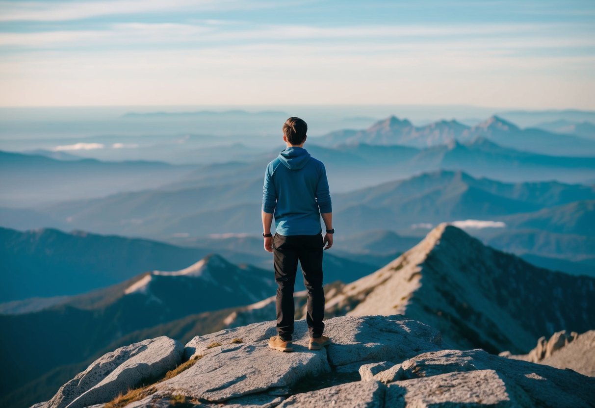 Eine Person steht auf einem Berggipfel und blickt auf eine weite, schöne Landschaft, mit einem Gefühl von Stolz und Erfolg.