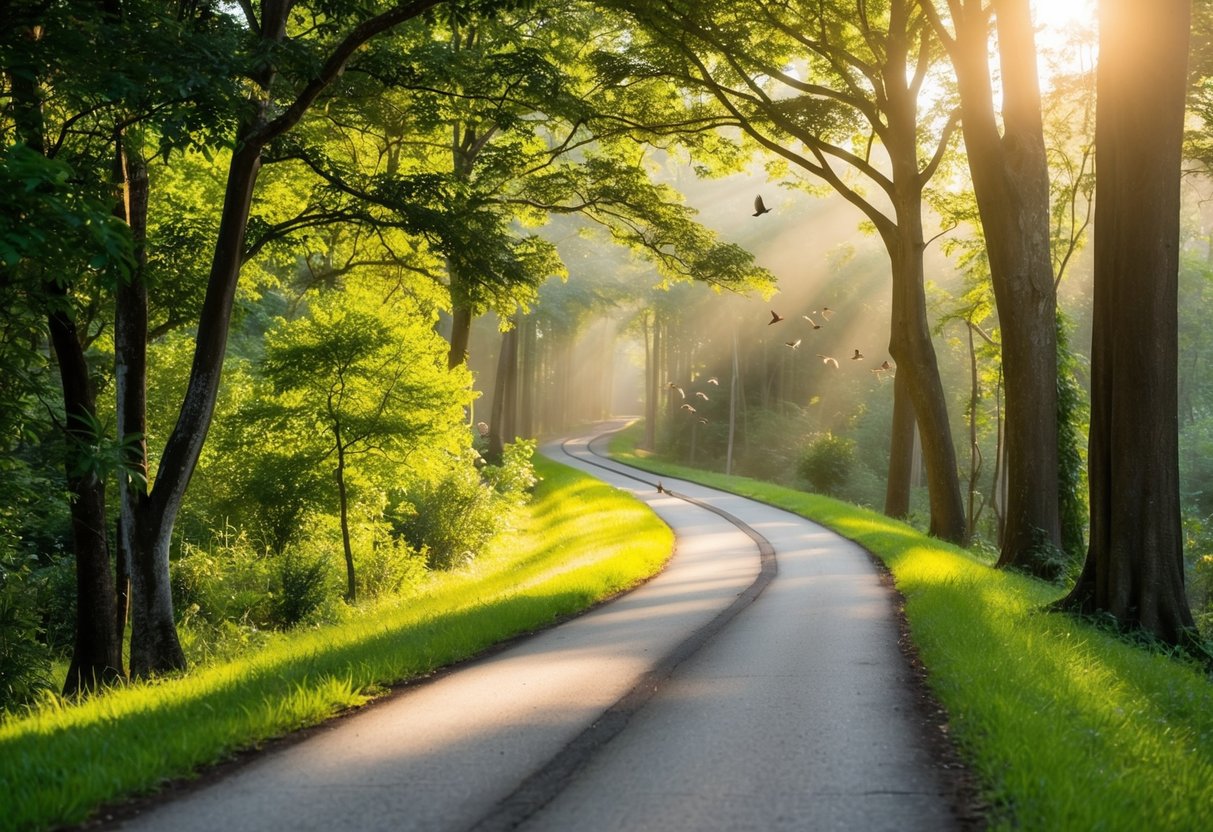 Ein gewundener Pfad durch einen üppigen Wald, mit Sonnenlicht, das durch die Bäume filtert, und Vögeln, die im Hintergrund singen.