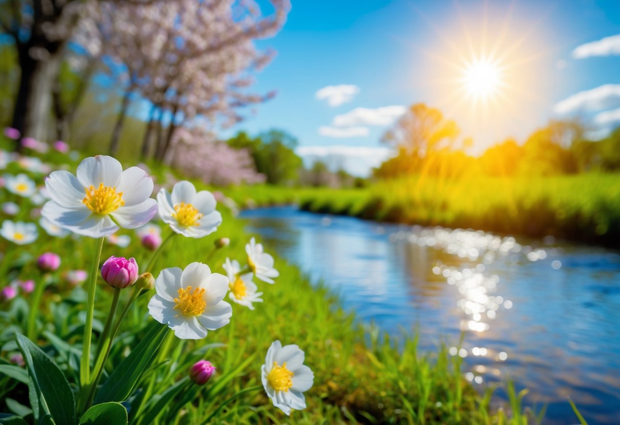 Eine ruhige Naturszene mit blühenden Blumen, einem ruhigen Bach und einer hellen Sonne am Himmel