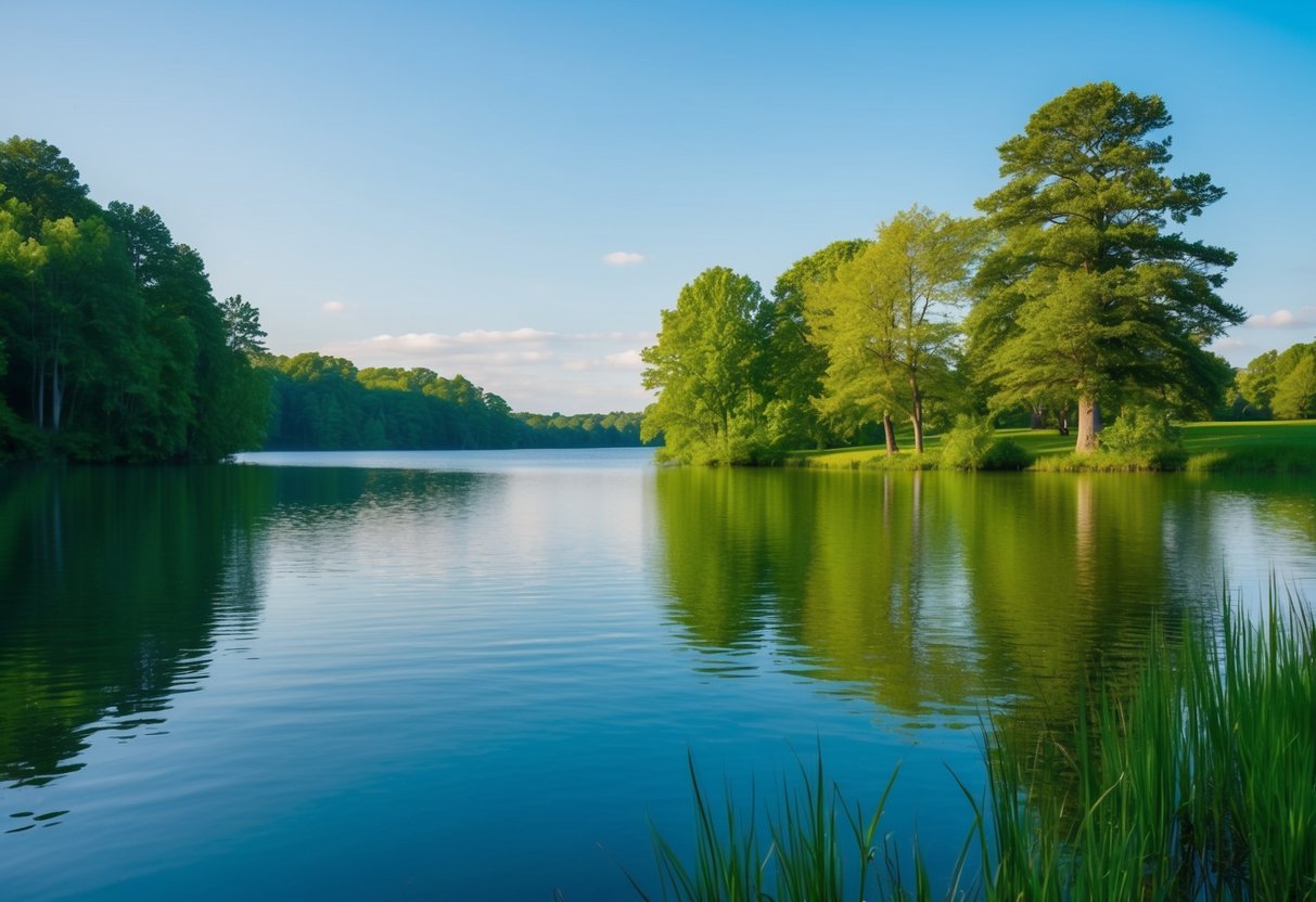 Eine ruhige Naturszene mit einem stillen See, lebendigen grünen Bäumen und einem klaren blauen Himmel, die Gefühle von Frieden und Positivität hervorruft.