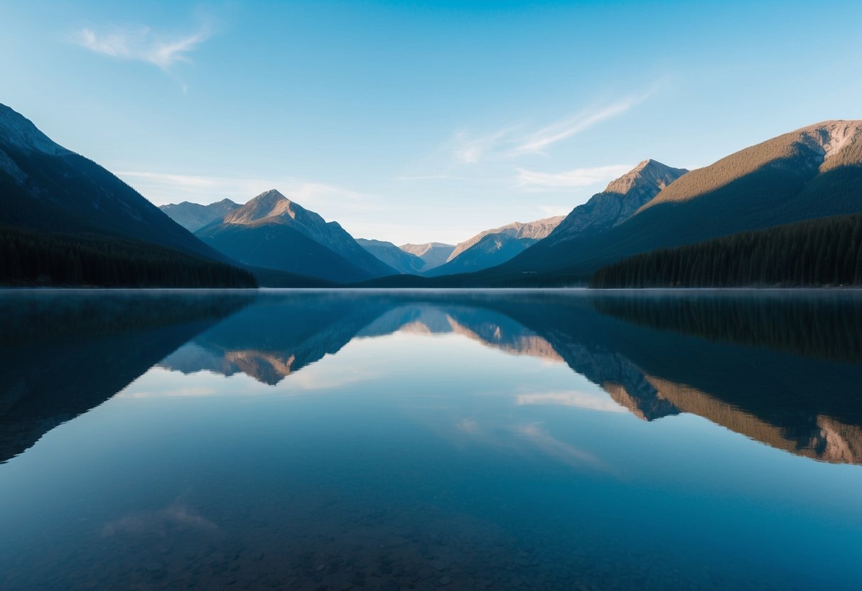 Eine ruhige Landschaft mit einem ruhigen, stillen See, der die umliegenden Berge und den klaren blauen Himmel darüber widerspiegelt.