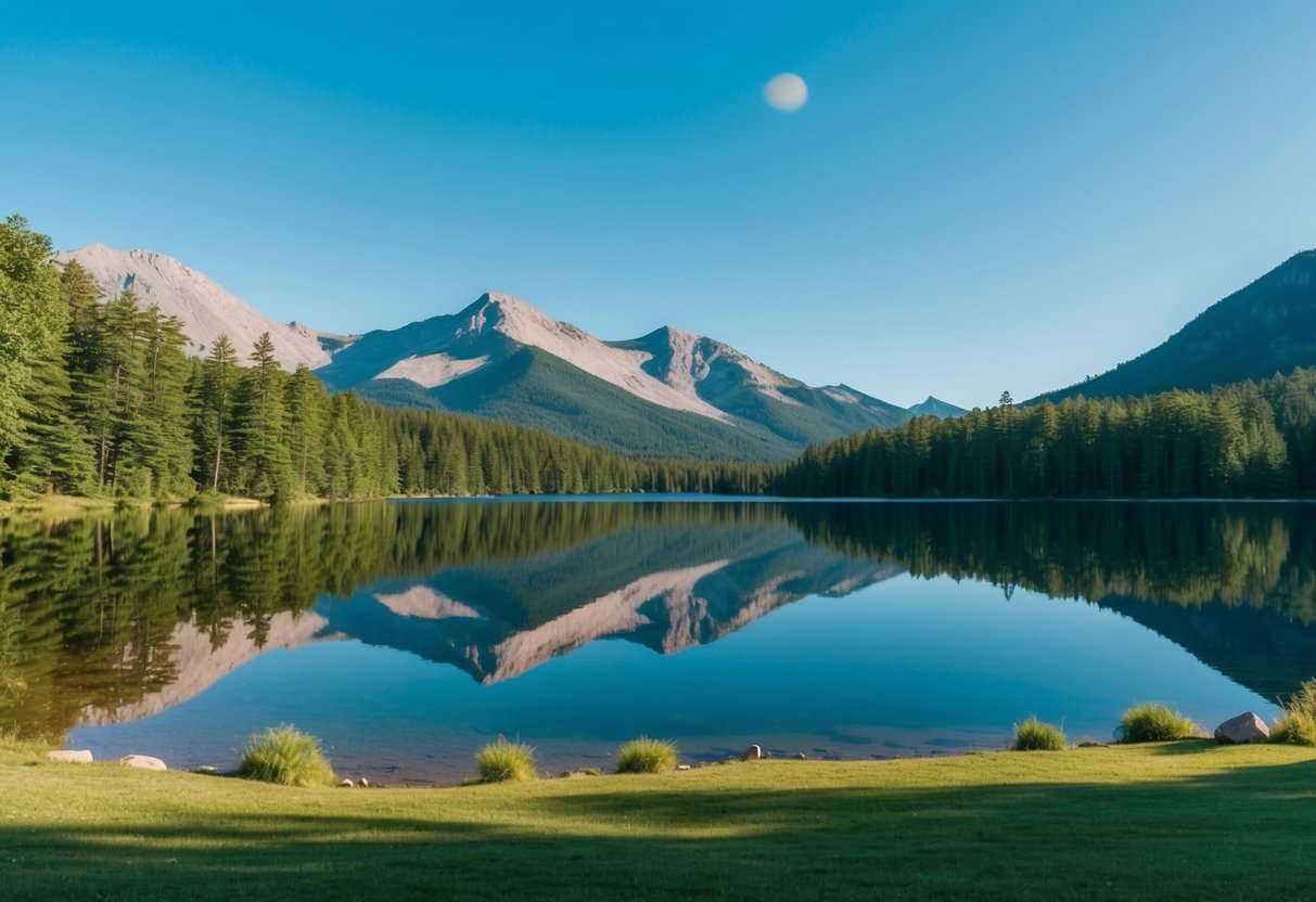 Ein ruhiger Bergsee, der den klaren blauen Himmel widerspiegelt, umgeben von üppigen grünen Bäumen und friedlicher Tierwelt.