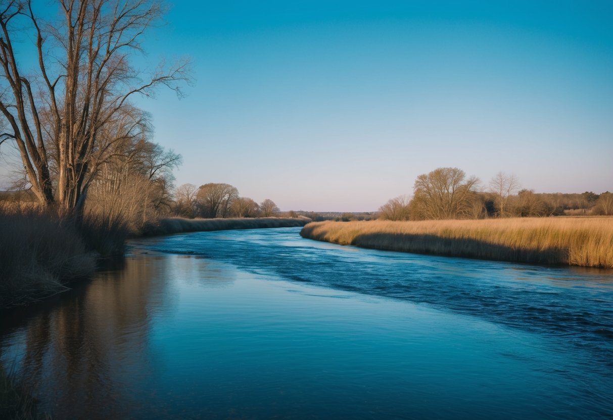 Eine ruhige Landschaft mit einem sanft fließenden Fluss und einem klaren blauen Himmel