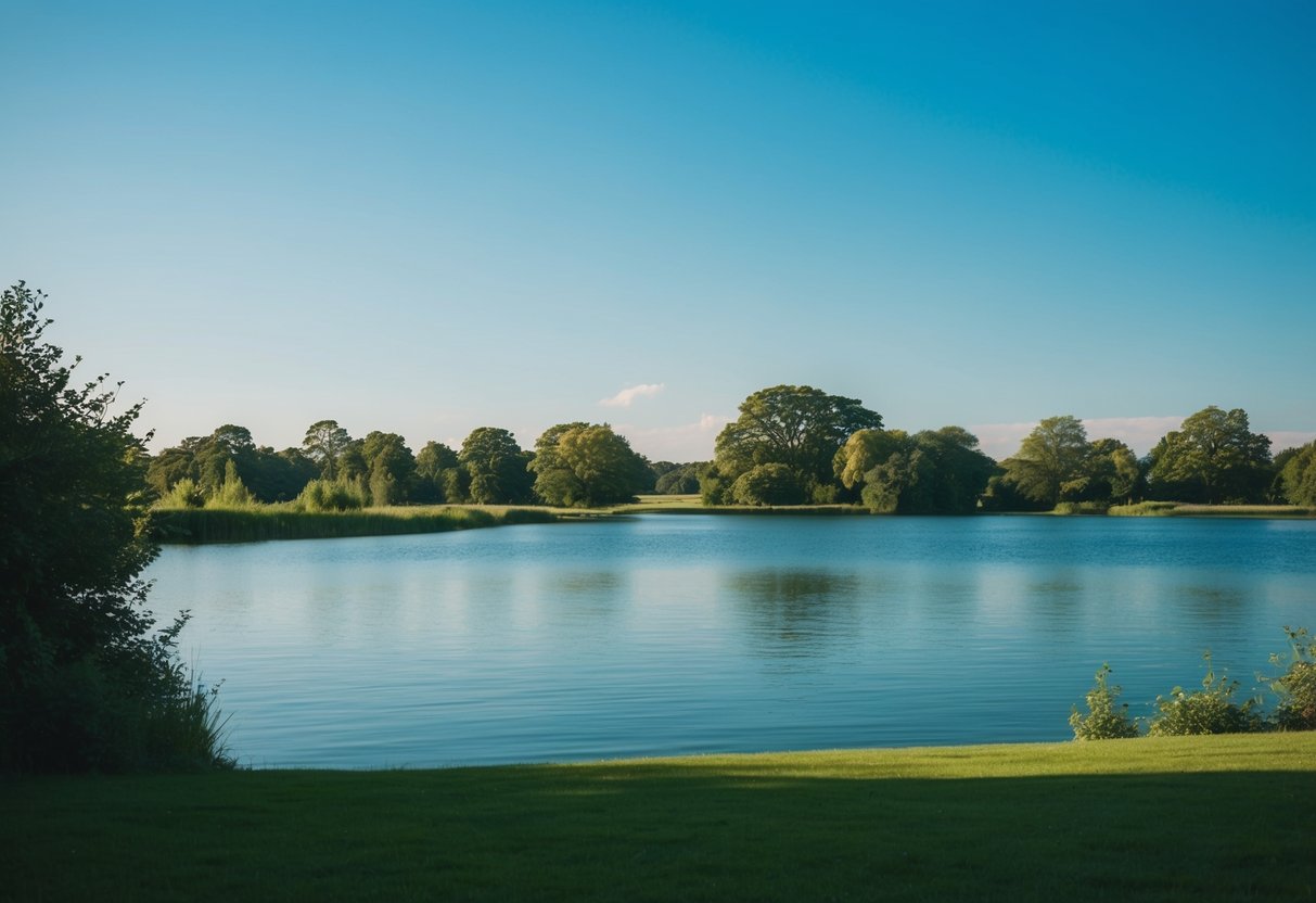 Eine ruhige, friedliche Landschaft mit klarem blauen Himmel, üppigem Grün und einem friedlichen Gewässer, das ein Gefühl von innerer Harmonie und Ruhe hervorruft.