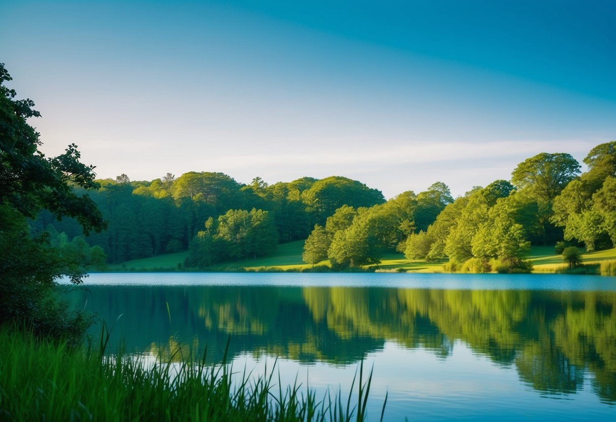 Eine friedliche Landschaft mit einem ruhigen See, umgeben von üppigem Grün und einem klaren blauen Himmel, der ein Gefühl innerer Ruhe hervorruft.