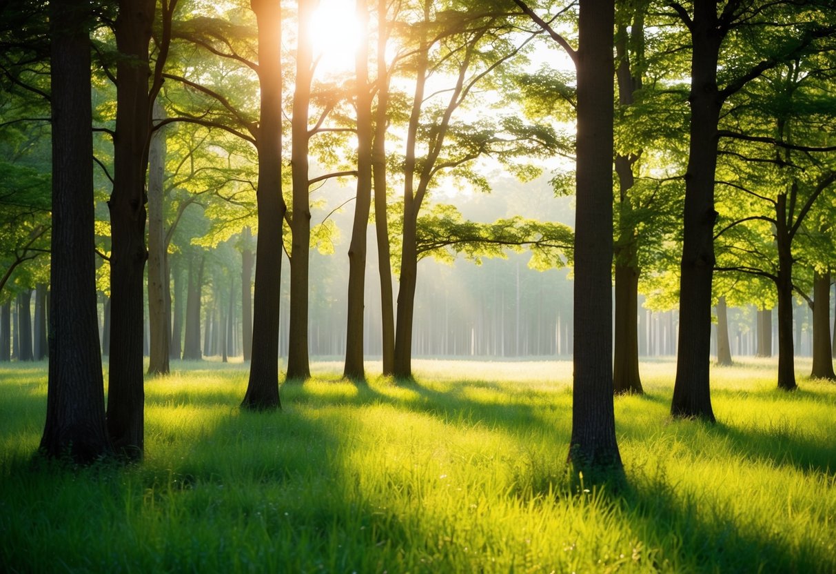 Eine ruhige Lichtung im Wald, durch die das Sonnenlicht zwischen den Bäumen hindurchscheint und eine friedliche Ausstrahlung über die friedliche Szene wirft.