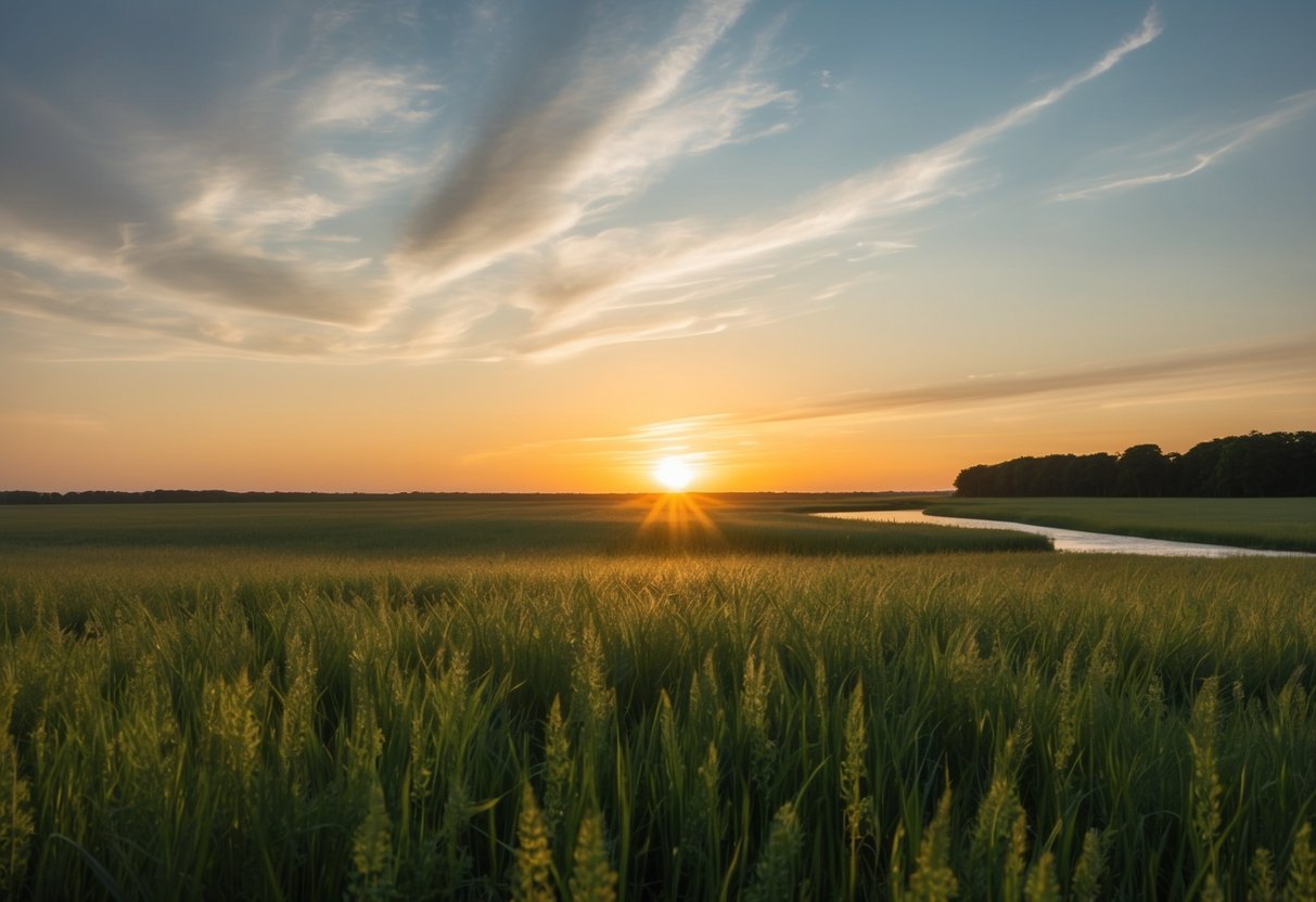 Ein ruhiges, offenes Feld bei Sonnenuntergang, mit einer sanften Brise, die durch das hohe Gras rauscht, und einem friedlichen Bach, der in der Ferne fließt.