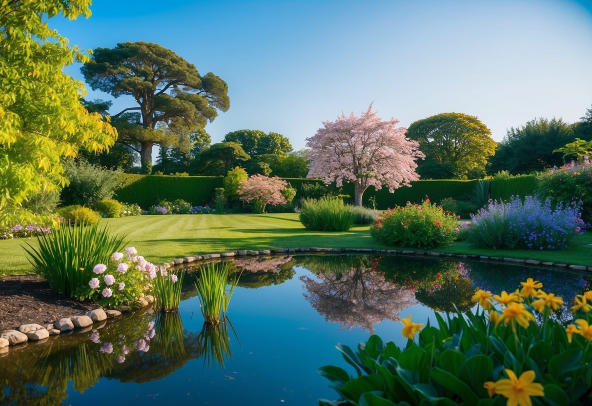 Ein ruhiger Garten mit blühenden Blumen und einem friedlichen Teich, der den klaren blauen Himmel widerspiegelt.