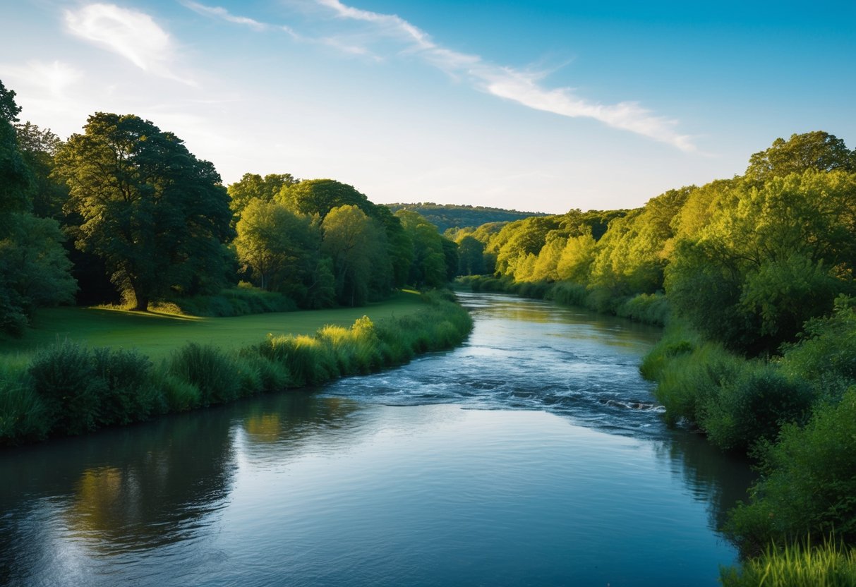 Eine friedliche Landschaft mit einem ruhigen Fluss, der durch üppiges Grün fließt, und einem klaren blauen Himmel darüber.