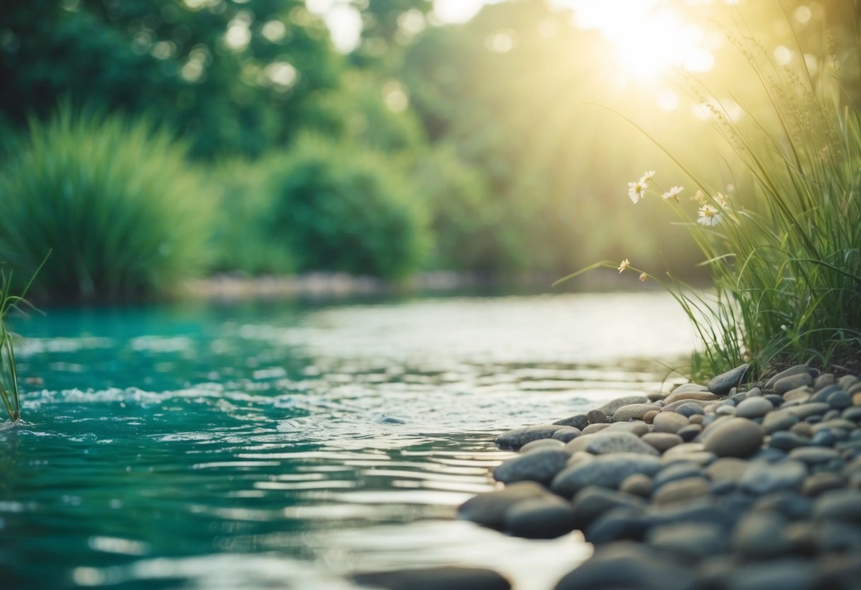 Eine ruhige, friedliche Umgebung mit sanften, natürlichen Elementen wie fließendem Wasser, sanftem Sonnenlicht und friedlichen Landschaften.