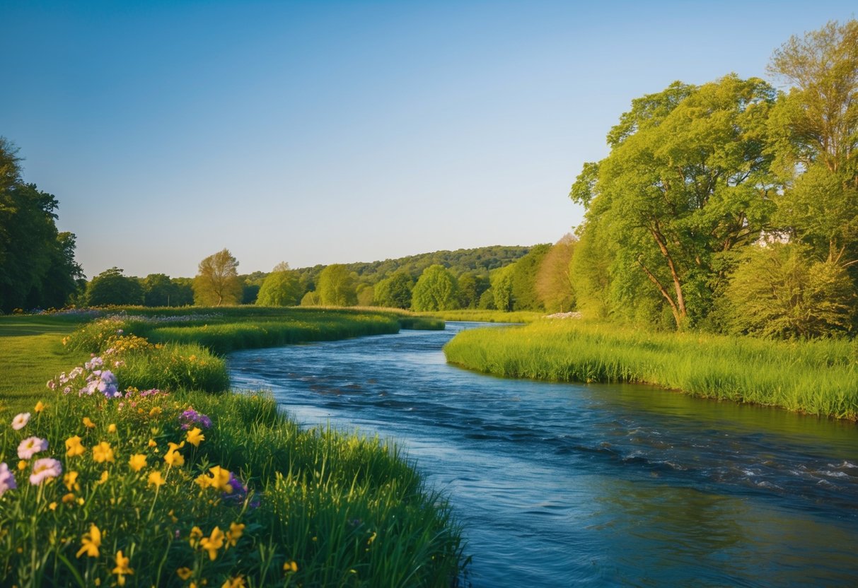 Eine ruhige Landschaft mit einem sanft fließenden Fluss, umgeben von üppigem Grün und bunten Blumen, unter einem klaren blauen Himmel