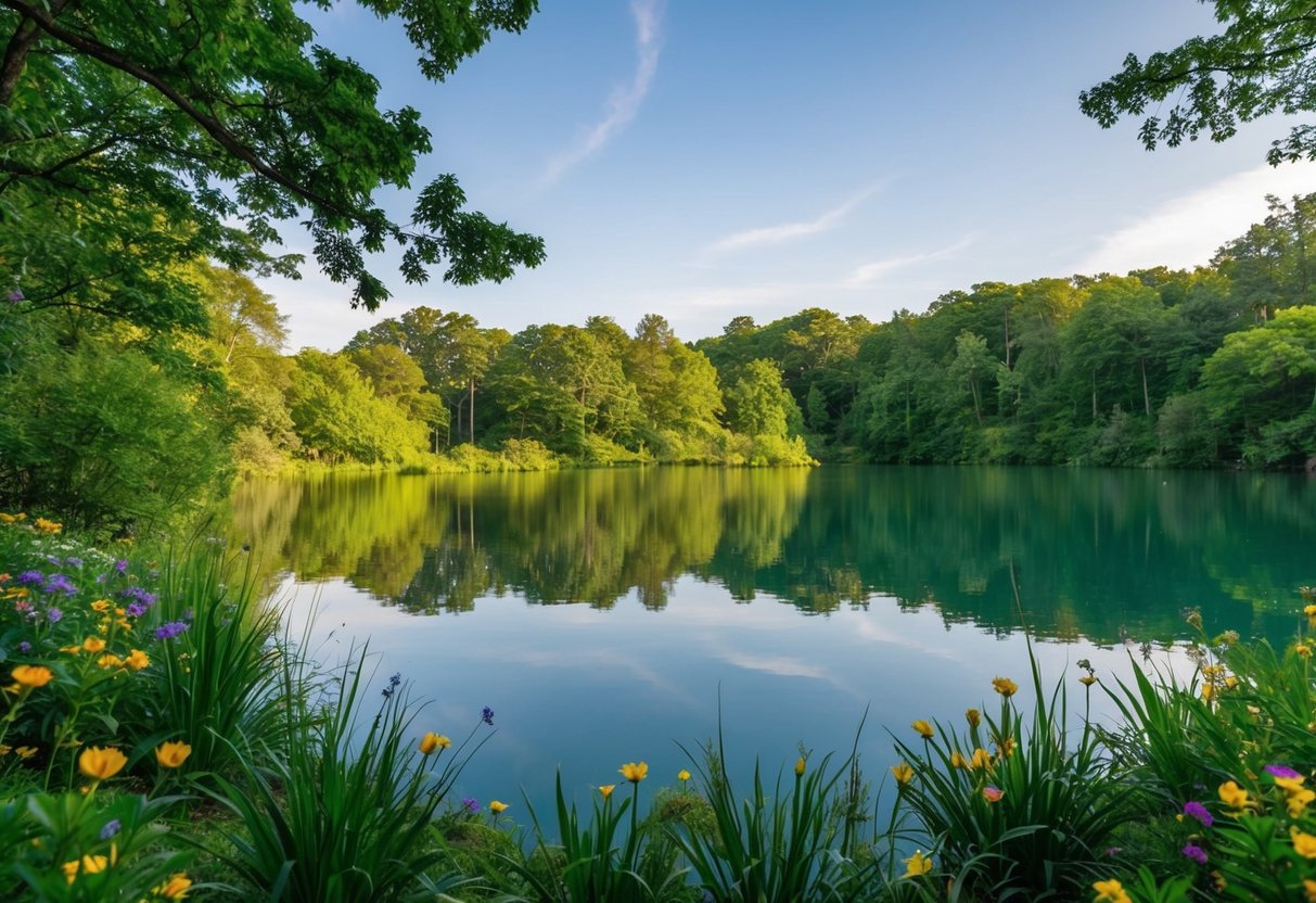 Eine ruhige Naturszene mit einem stillen See, umgeben von üppigem Grün und bunten Blumen, unter einem klaren blauen Himmel.