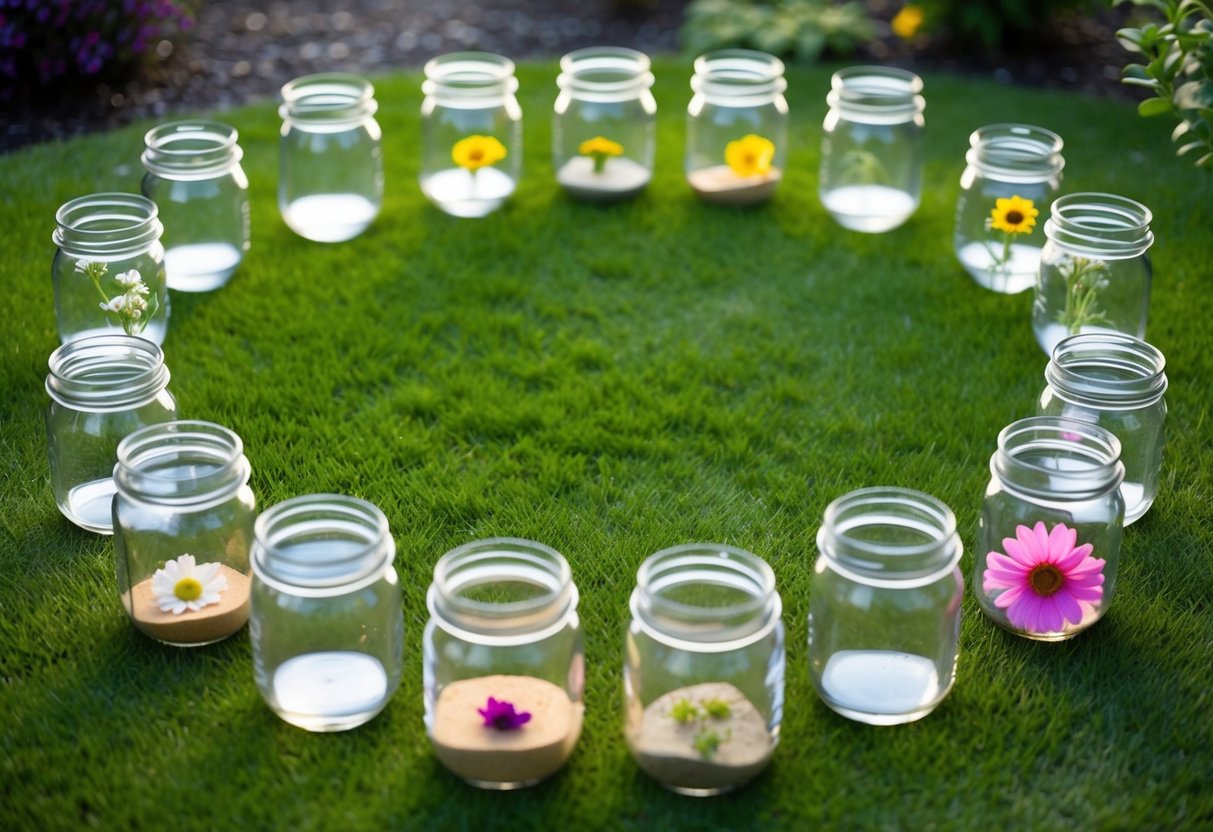 Ein ruhiger Garten mit 12 klaren Glasgefäßen, die im Kreis angeordnet sind, wobei jedes ein anderes natürliches Element wie Wasser, Sand oder Blumen enthält.