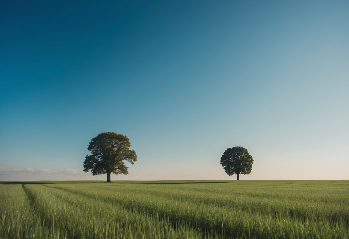 Ein ruhiges, offenes Feld mit einem klaren, blauen Himmel und einem einsamen Baum, der in der Ferne hoch steht.