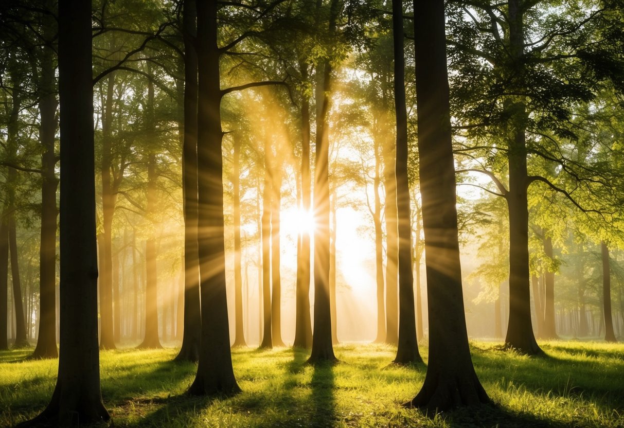 Ein ruhiger Wald, in dem Sonnenlicht durch die Bäume strömt und eine friedliche und konzentrierte Atmosphäre schafft.