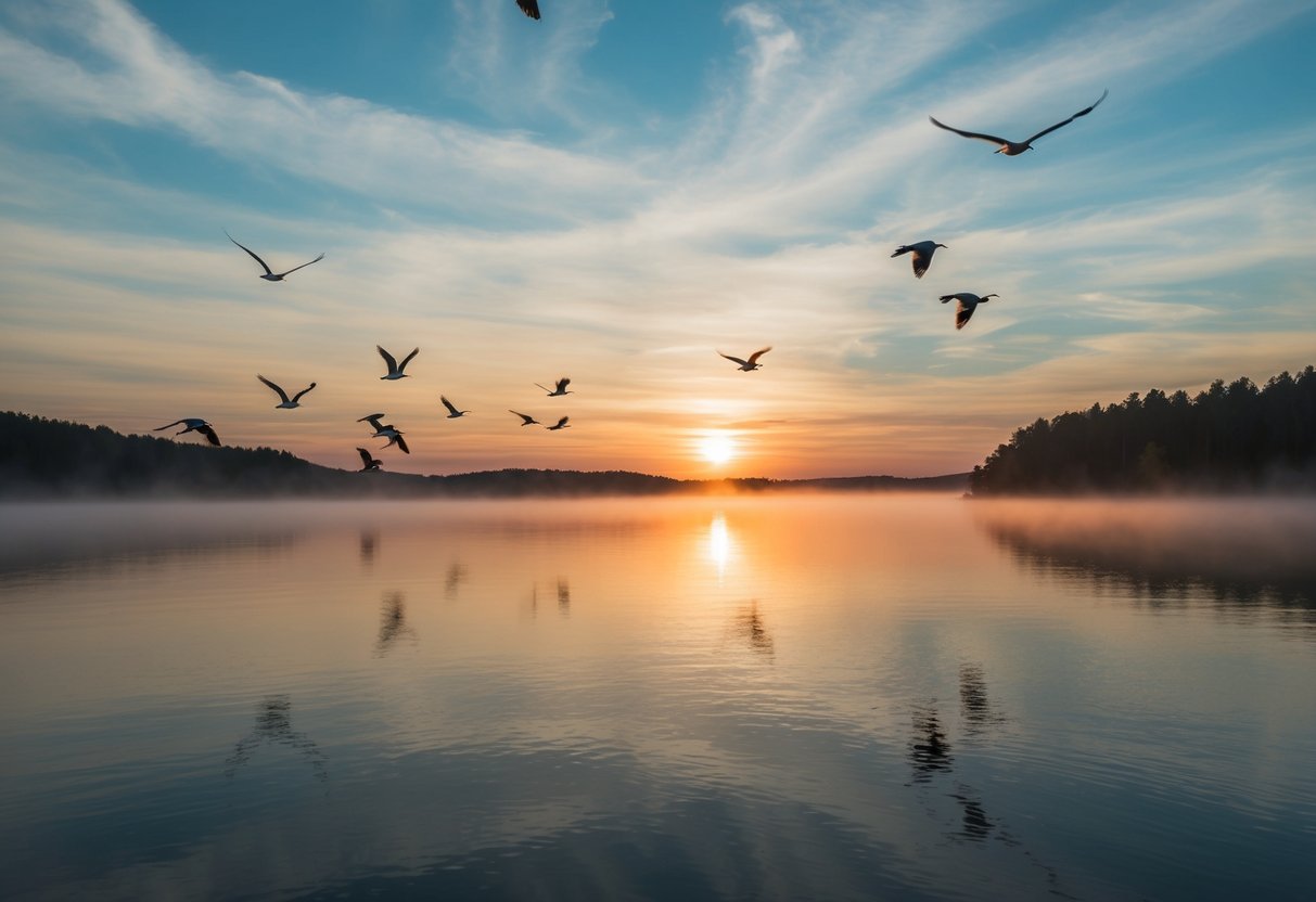 Sonnenaufgang über einem ruhigen See, mit aufsteigendem Nebel und fliegenden Vögeln